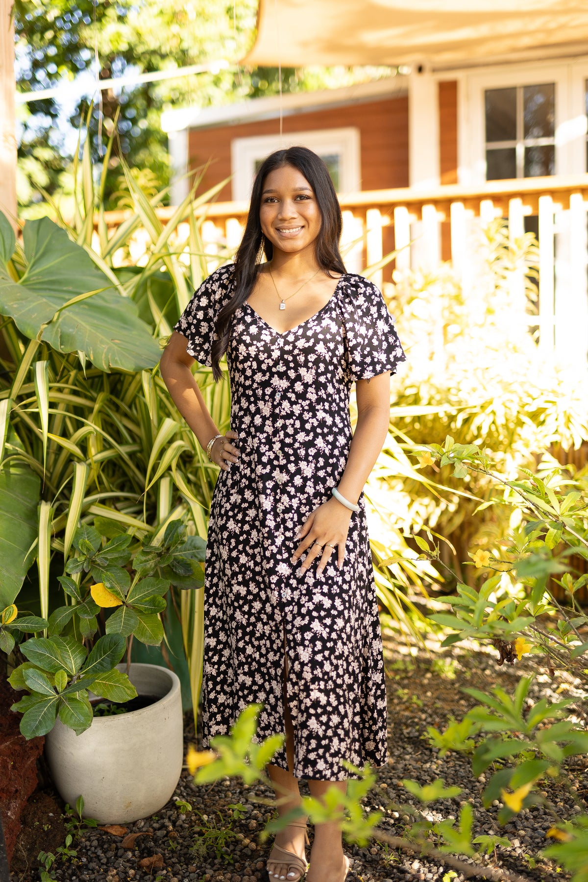 daisy midi dress Lisheva Midi Dress in Grunge Daisy Black , V Neck , Plunge Neckline